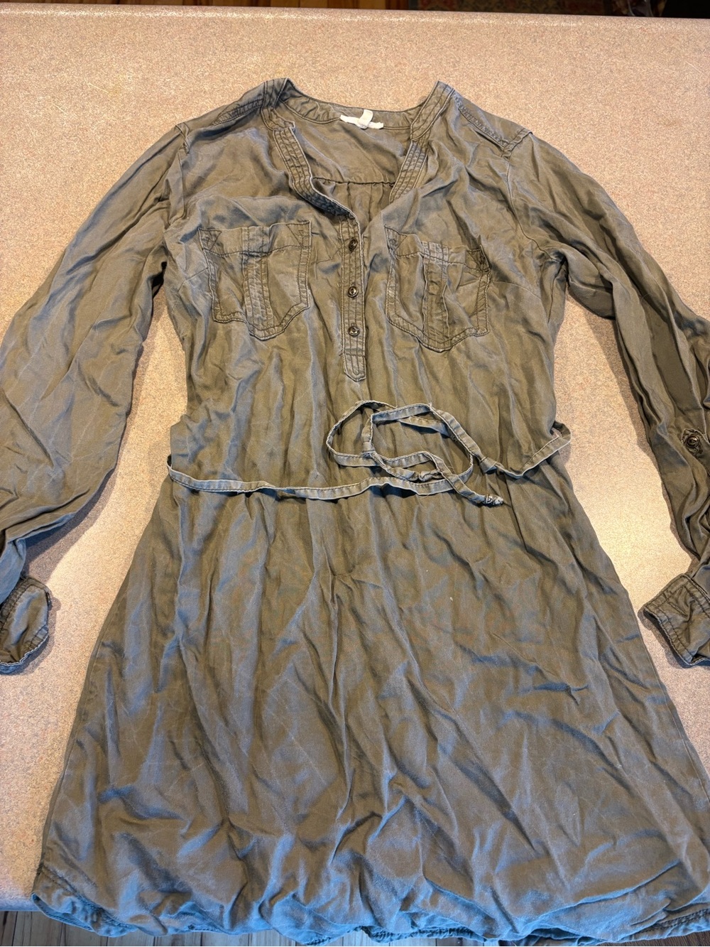 Maurices Olive Green Long Sleeve Shirt Dress with Tie